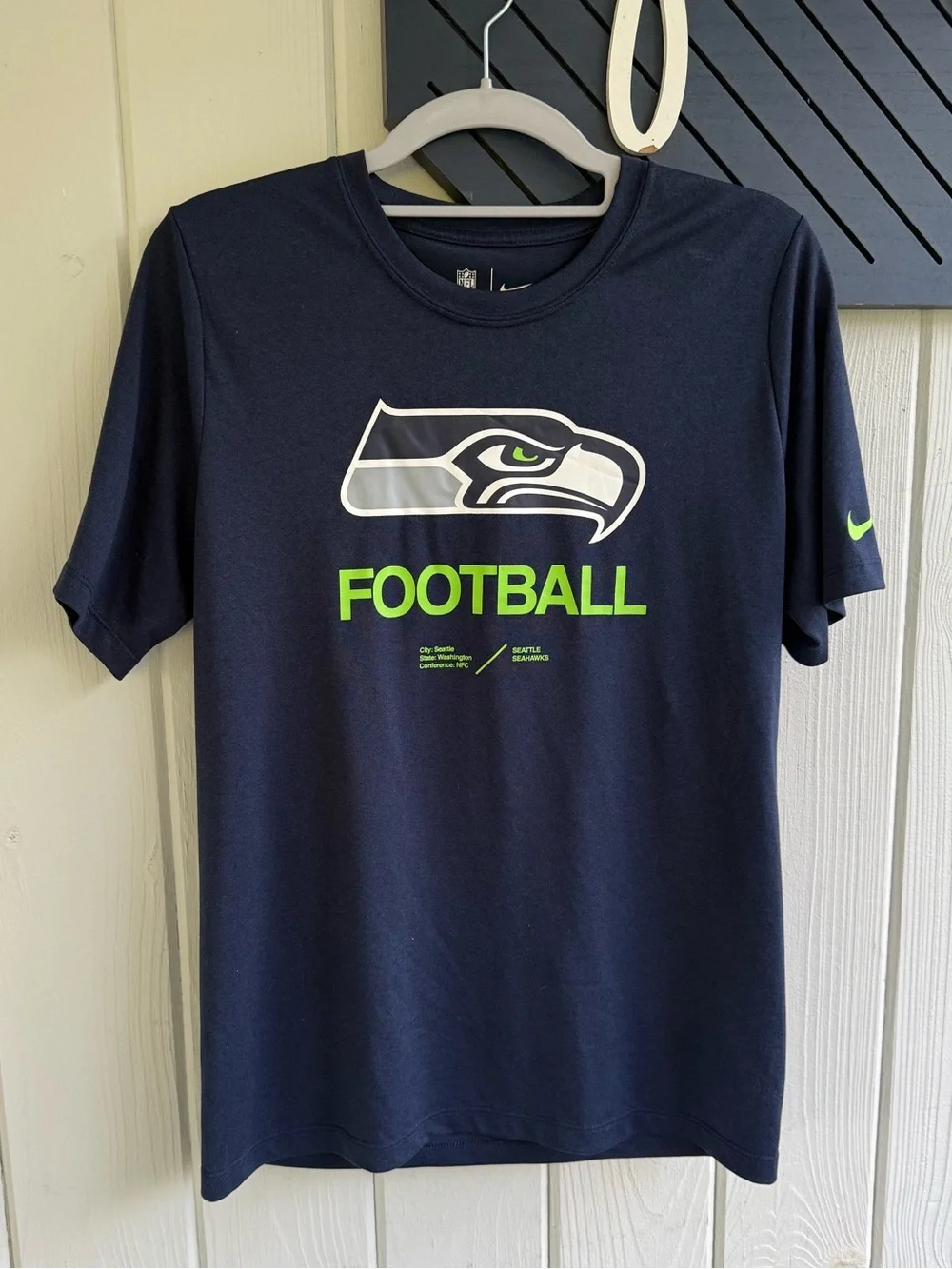 Nike Navy Tee with Seattle Seahawks Logo and Neon Green Accent